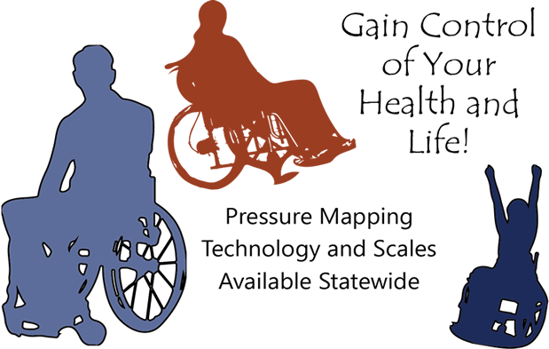 Gain control of your health and life! Pressure mapping technology and scales available statewide. Silhouettes of people in wheelchairs
